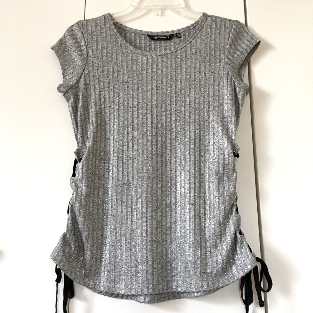 Nowadays Metallic Silver Knit Short Sleeve Top S